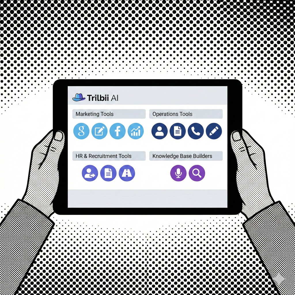 Illustration of the Trilbii AI toolset on a tablet, showing marketing tools, operations tools, HR and recruitment tools and knowledge base builders