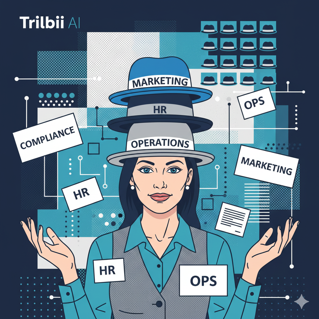 Illustration of a practice team member juggling stacked hats labelled marketing, HR and operations alongside compliance and admin paperwork