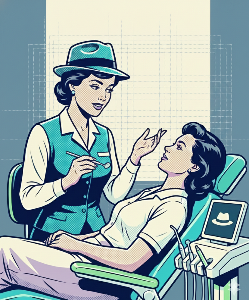 Illustration of a dental clinician talking with a patient in the dental chair