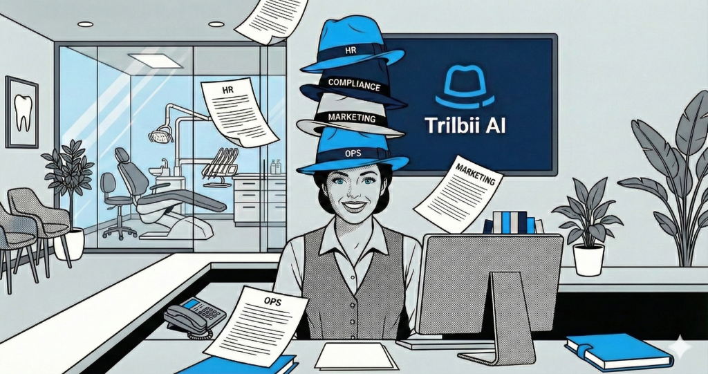 Illustration of a dental practice team member at the front desk wearing several hats labelled marketing, HR, operations and compliance, with Trilbii AI on the screen behind