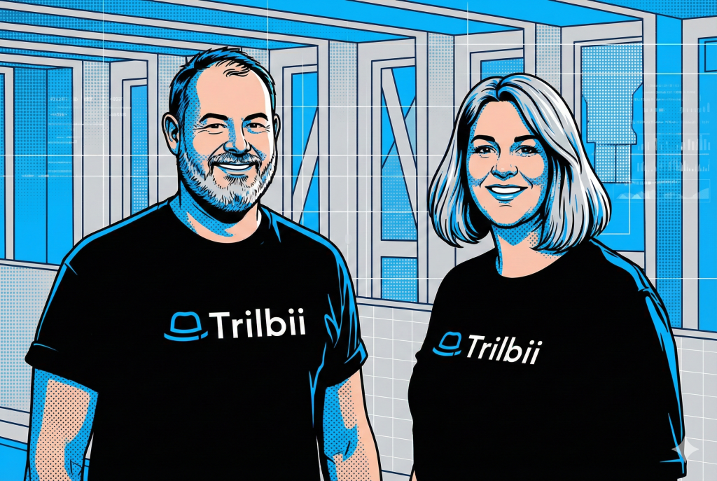 Illustration of Trilbii AI founders Carolyn S Dean and Anthony Middlemiss wearing Trilbii shirts