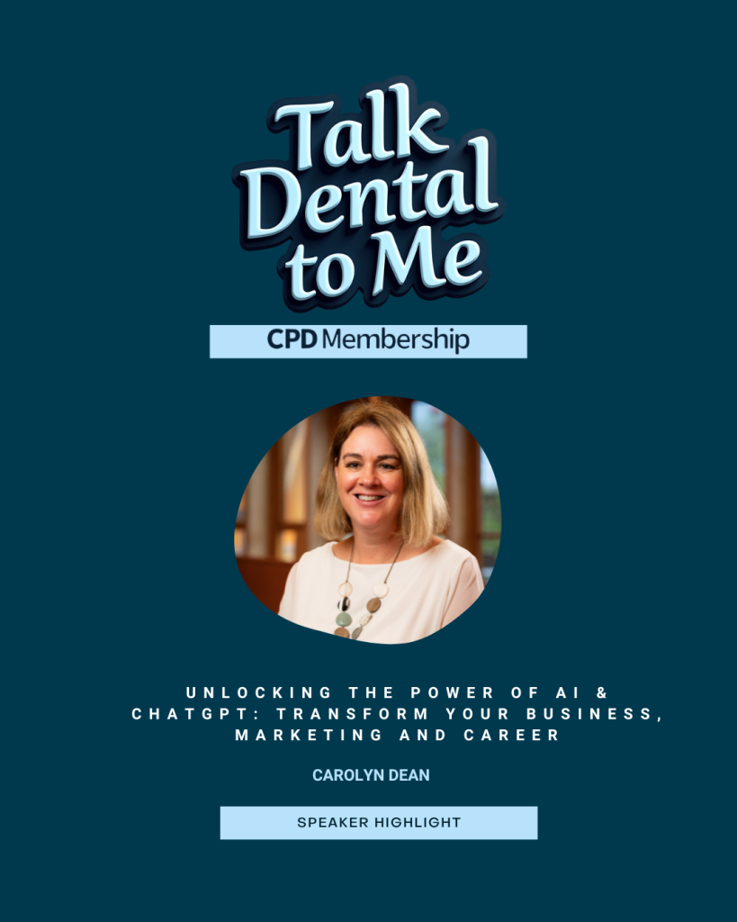 Promotional graphic for the Talk Dental To Me online session with Carolyn S Dean