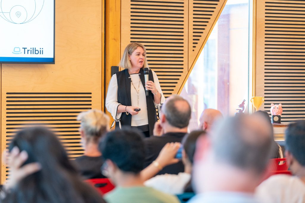Carolyn S Dean pitching Trilbii AI at the Macquarie University Incubator Pitch Final 2025