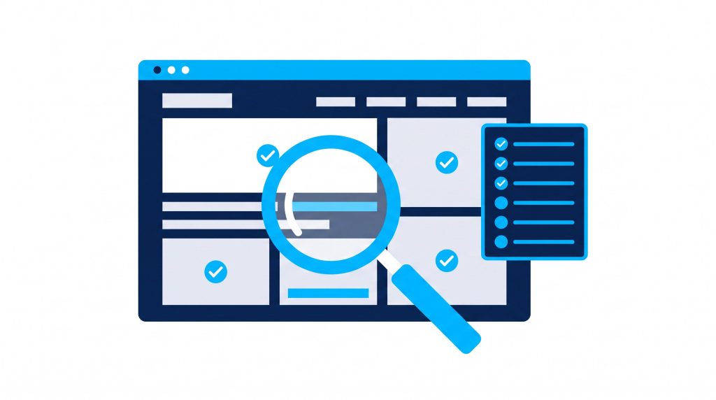 Illustration of a practice website being reviewed page by page against advertising requirements, with findings marked and a prioritised checklist