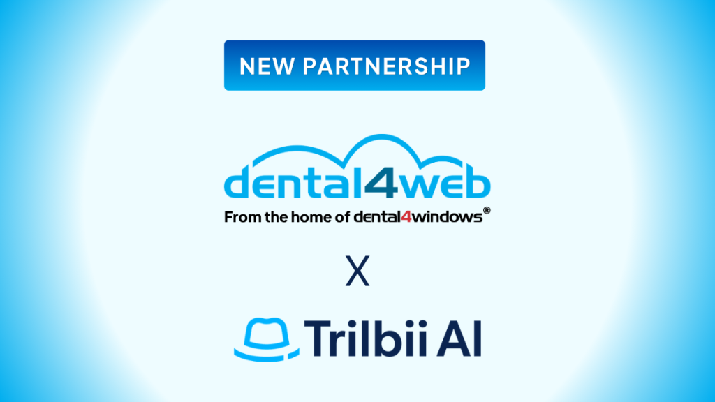 New partnership announcement graphic showing the Dental4Web logo above the Trilbii AI logo