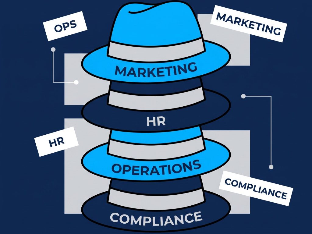 Illustration of four stacked trilby hats labelled Marketing, HR, Operations and Compliance