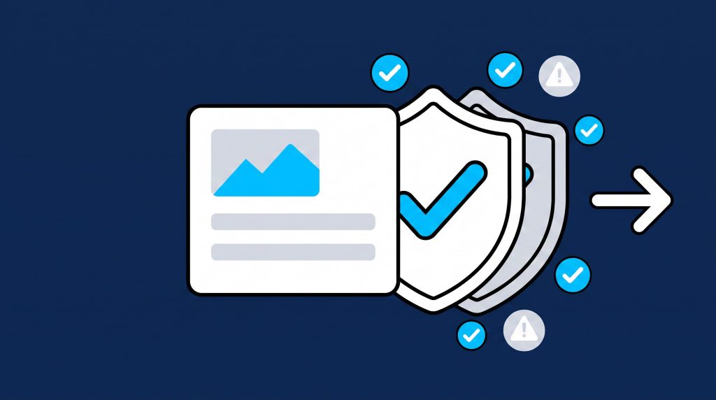 Illustration of marketing content being checked against advertising requirements before it is published