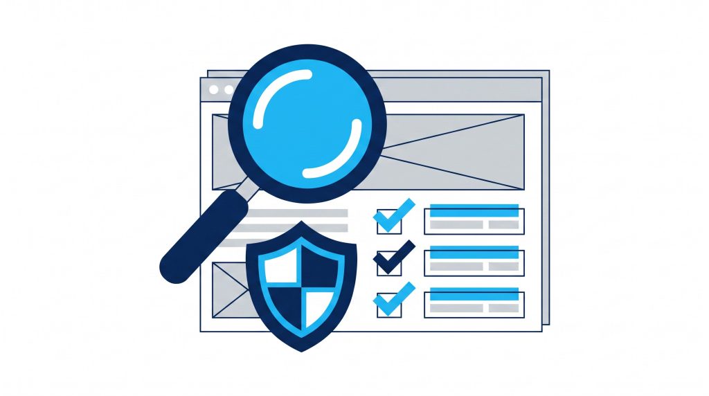 Illustration of a webpage reviewed with a magnifying glass, shield and tick marks in Trilbii navy, light blue and grey