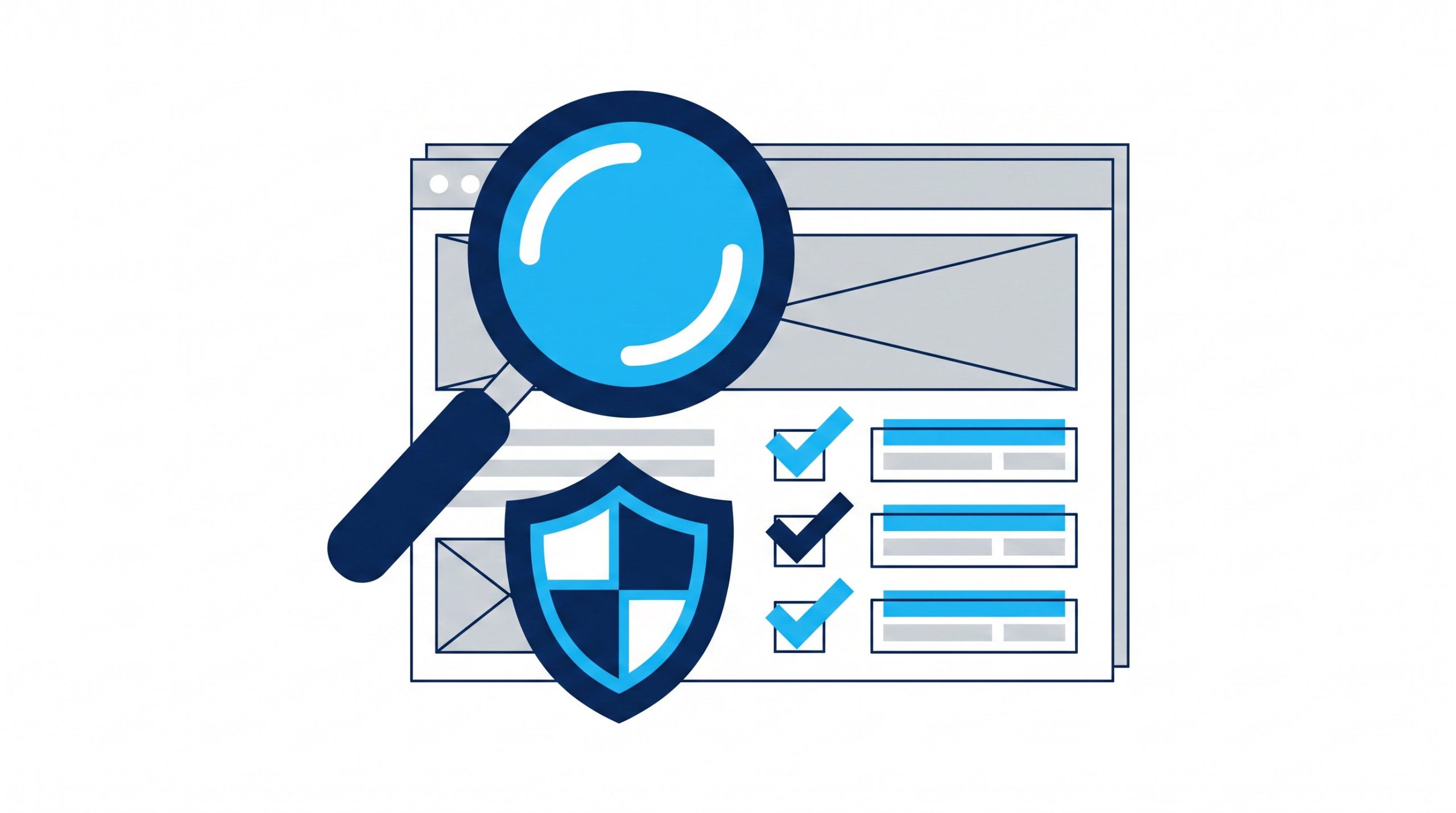 Illustration of a webpage reviewed with a magnifying glass, shield and tick marks in Trilbii navy, light blue and grey