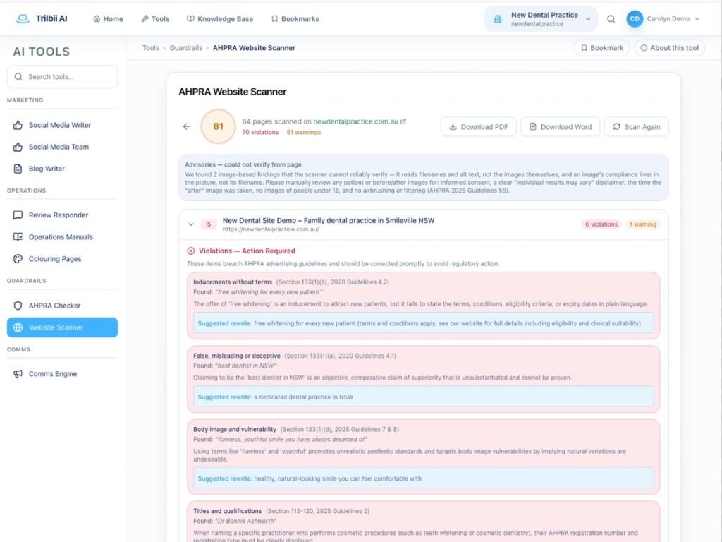 The Trilbii AI AHPRA Website Scanner showing a compliance score and flagged advertising issues with suggested rewrites