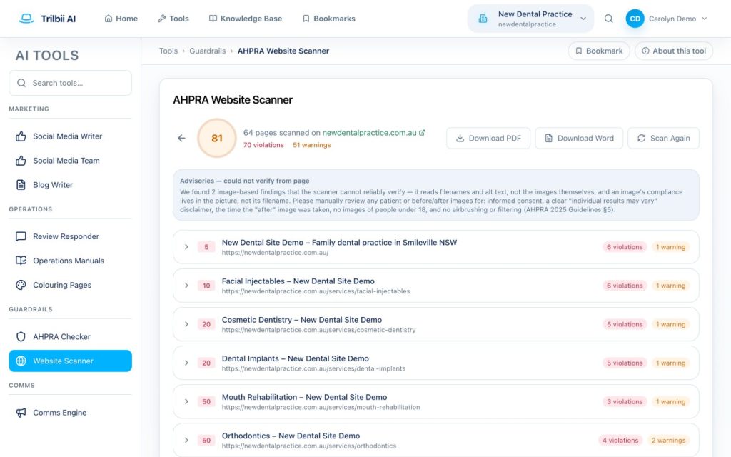 The Trilbii AHPRA Website Scanner showing a scanned practice website with potential advertising issues listed page by page