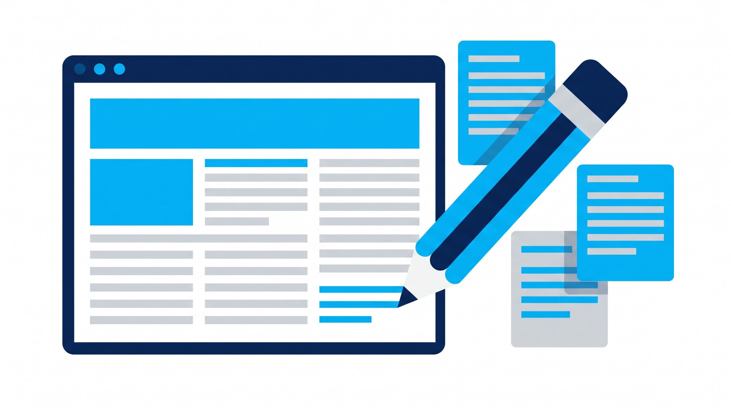 Illustration of blog writing with a browser window, article layout and pencil in Trilbii navy, light blue and grey