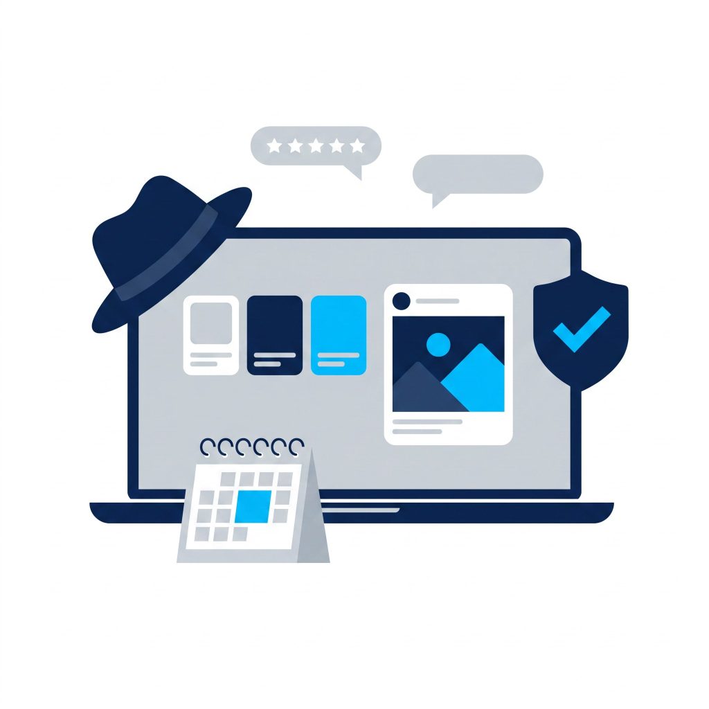 Illustration of a laptop showing Trilbii content cards and a compliance shield, with a desk calendar showing a booked time and a navy trilby hat, in Trilbii navy, cyan and grey