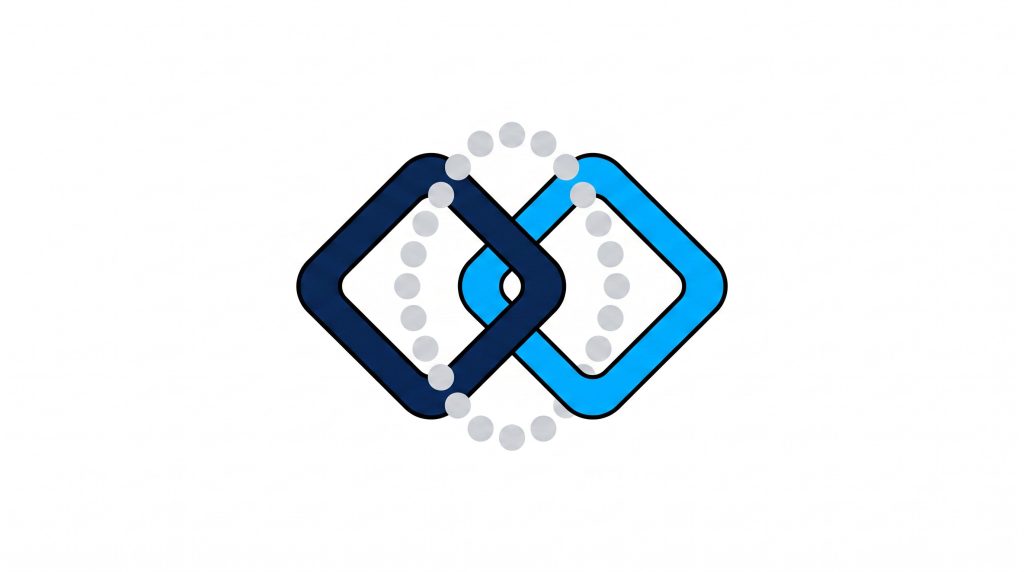Illustration of two interlocking systems connected by a bridge of dots in Trilbii navy, light blue and grey