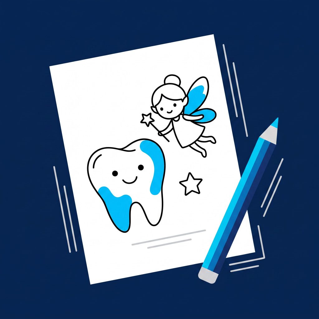 Illustration of a dental colouring sheet with a smiling tooth and a tooth fairy being coloured in with a blue pencil