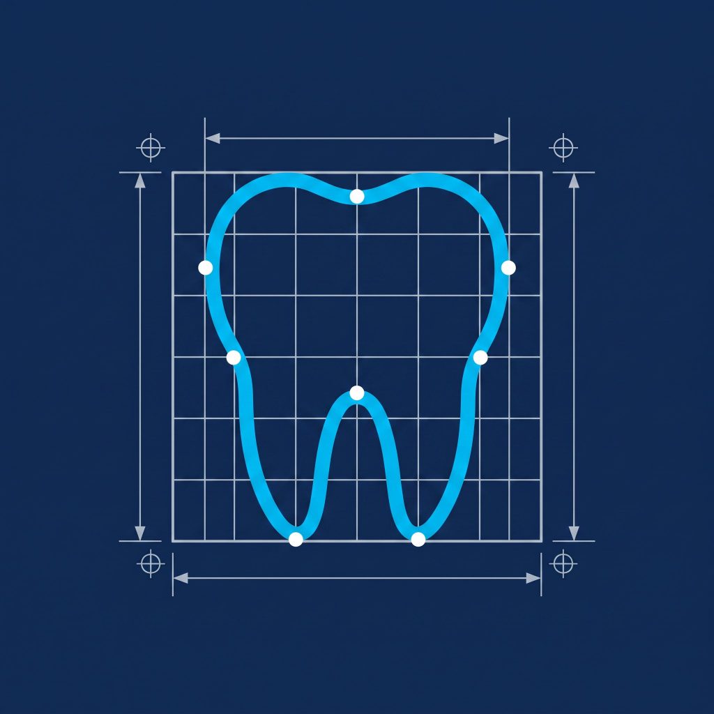 Illustration of a tooth drawn as a technical blueprint on a measurement grid with dimension lines