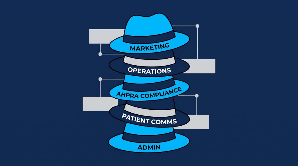 Illustration of five stacked trilby hats labelled Marketing, Operations, AHPRA Compliance, Patient Comms and Admin
