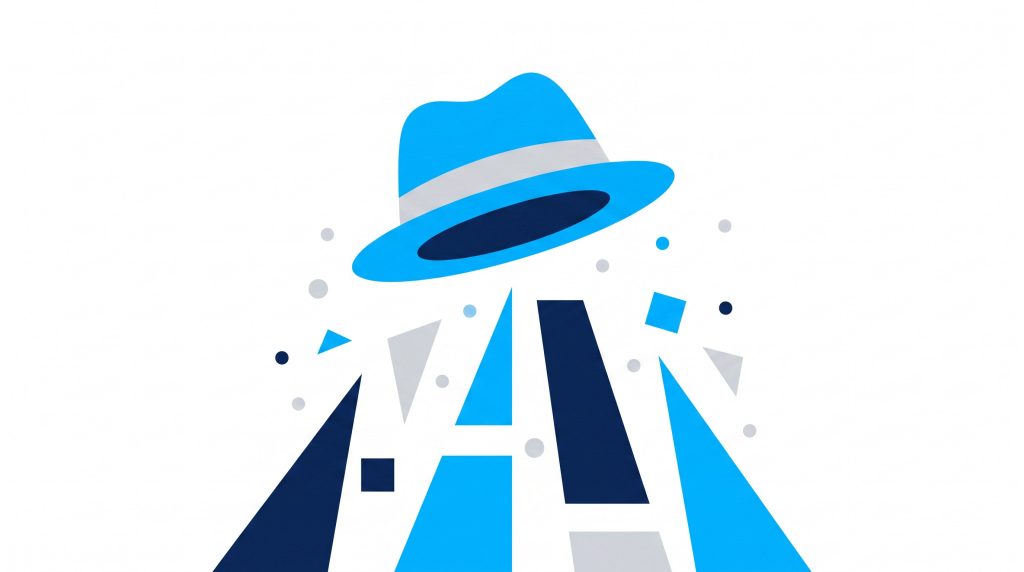 Celebratory illustration of a trilby hat above rising shapes and confetti in Trilbii navy, light blue and grey