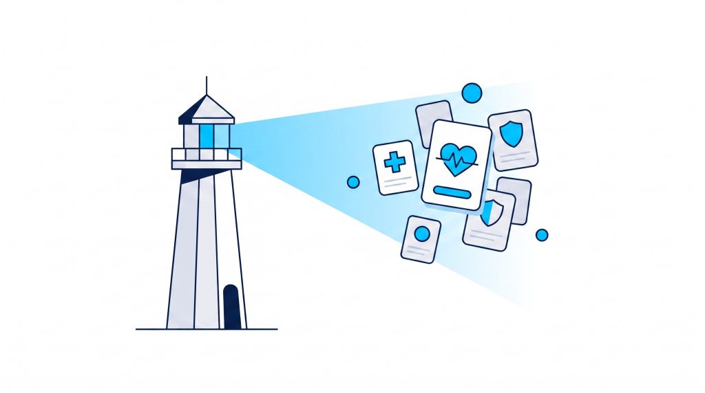 Illustration of a lighthouse beam lighting a small group of practices, representing the Trilbii Lighthouse Programme