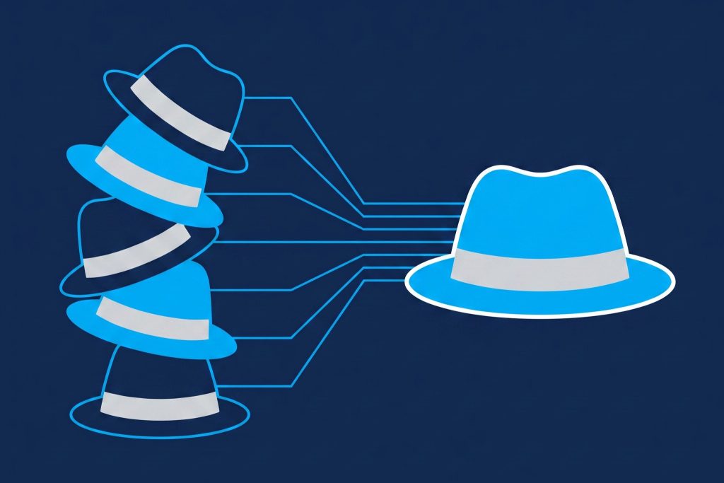 Illustration of a leaning stack of many trilby hats resolving into one upright trilby hat