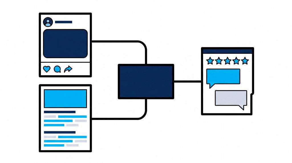 Illustration of social posts, blog articles and review responses being produced from one place
