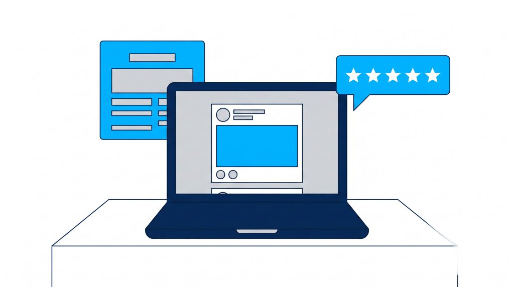 Illustration of dental practice marketing with a laptop, social post, blog page and five star review bubble in Trilbii navy, light blue and grey