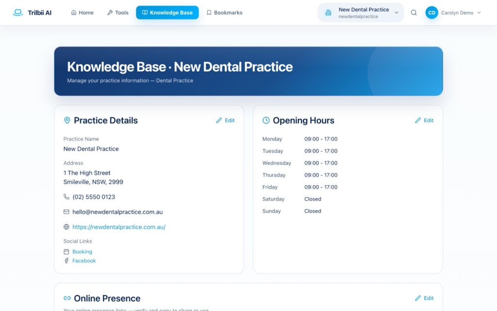 The Trilbii knowledge base for a dental practice, showing practice details and opening hours saved as practice knowledge