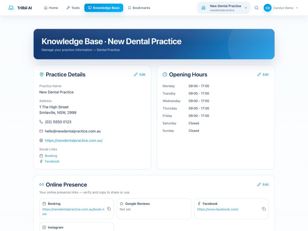 The Trilbii AI practice knowledge base showing practice details, opening hours and online presence for a dental practice