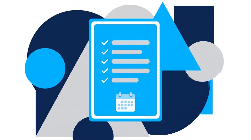 Illustration of a clean pricing card with a tick list and calendar in Trilbii navy, light blue and grey
