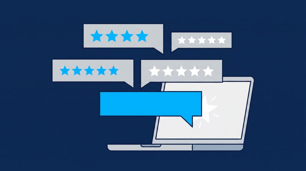 Illustration of speech bubbles with five star ratings and a reply bubble in Trilbii navy, light blue and grey