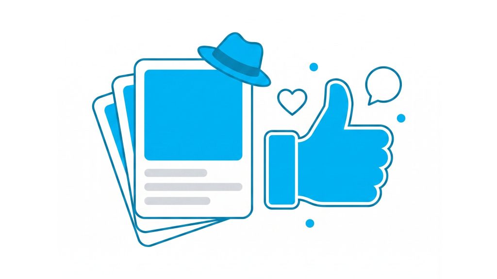 Illustration of a stack of social posts with a Trilbii trilby hat on top, beside a thumbs up, a heart and a speech bubble