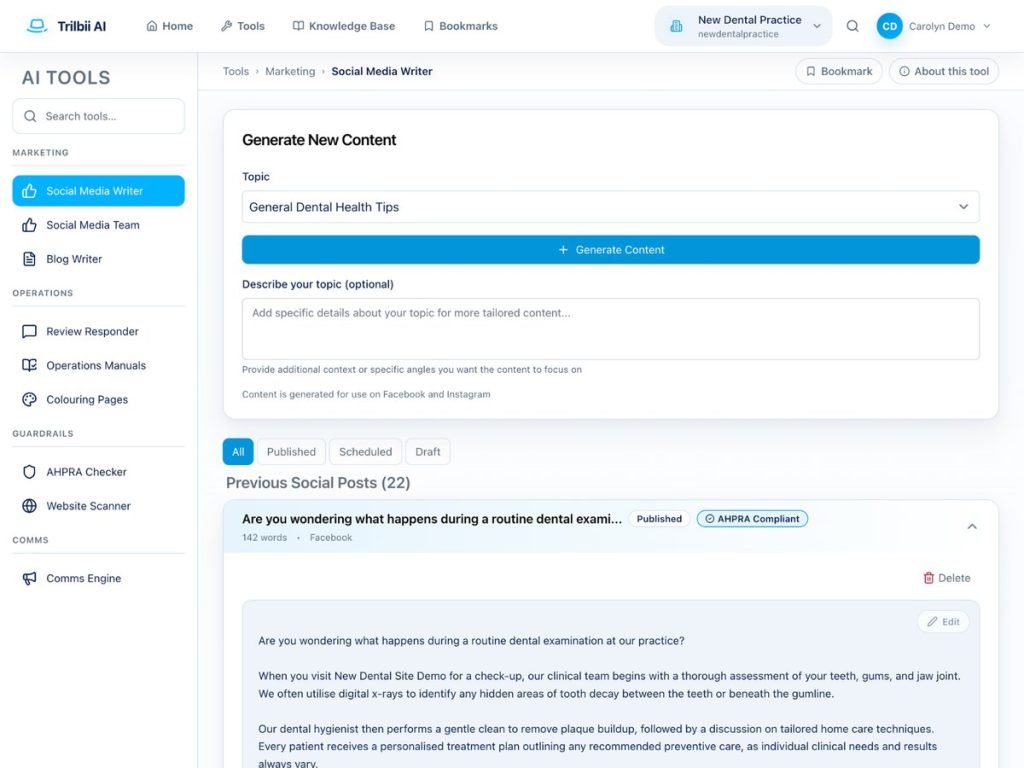 The Trilbii AI Social Media Writer showing a generated practice post marked AHPRA compliant