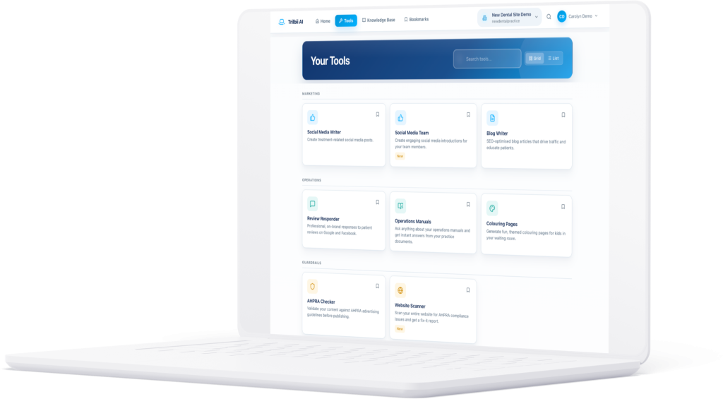 A laptop showing the Trilbii AI tools library, with marketing, operations and guardrails tools for a dental practice