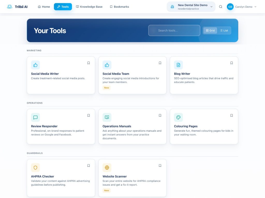 The Trilbii AI tools library showing marketing, operations and guardrails tools for a dental practice