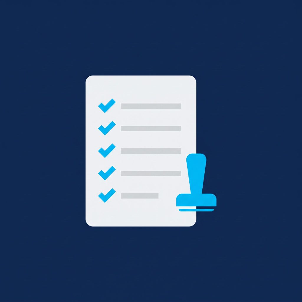 Flat illustration of a checklist document with cyan ticks and a stamp on a navy background