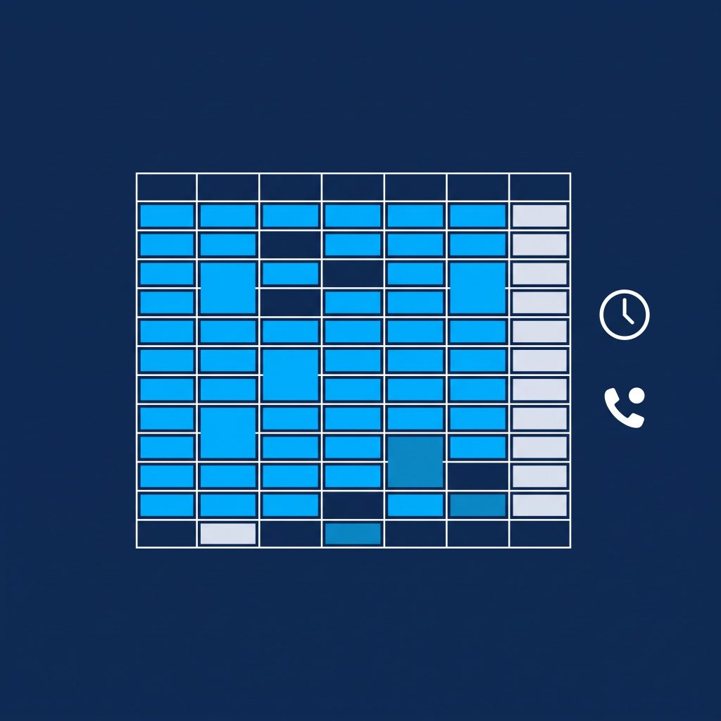 Illustration of a weekly appointment planner with most slots filled and a few open gaps, beside a clock and phone icon