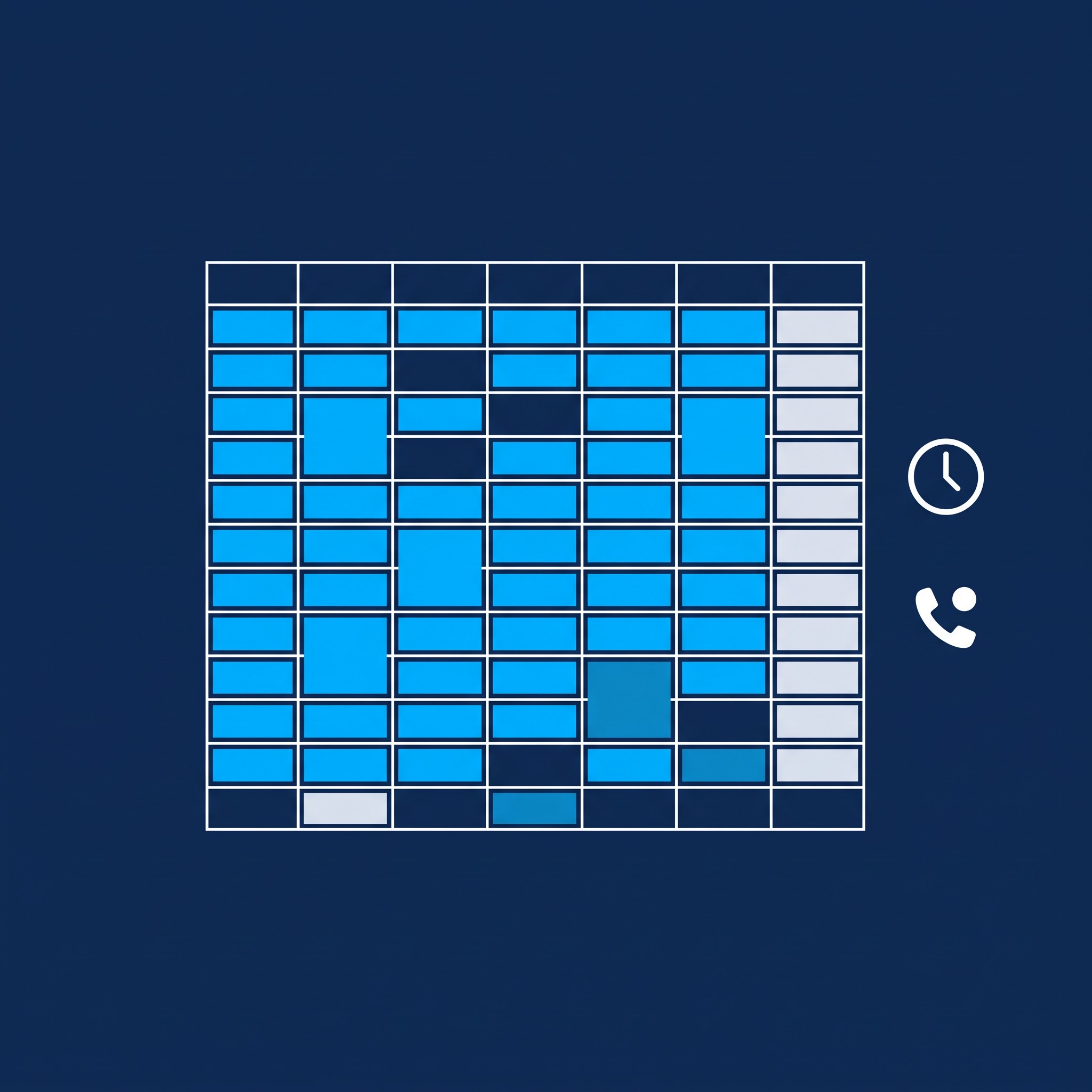 Illustration of a weekly appointment planner with most slots filled and a few open gaps, beside a clock and phone icon