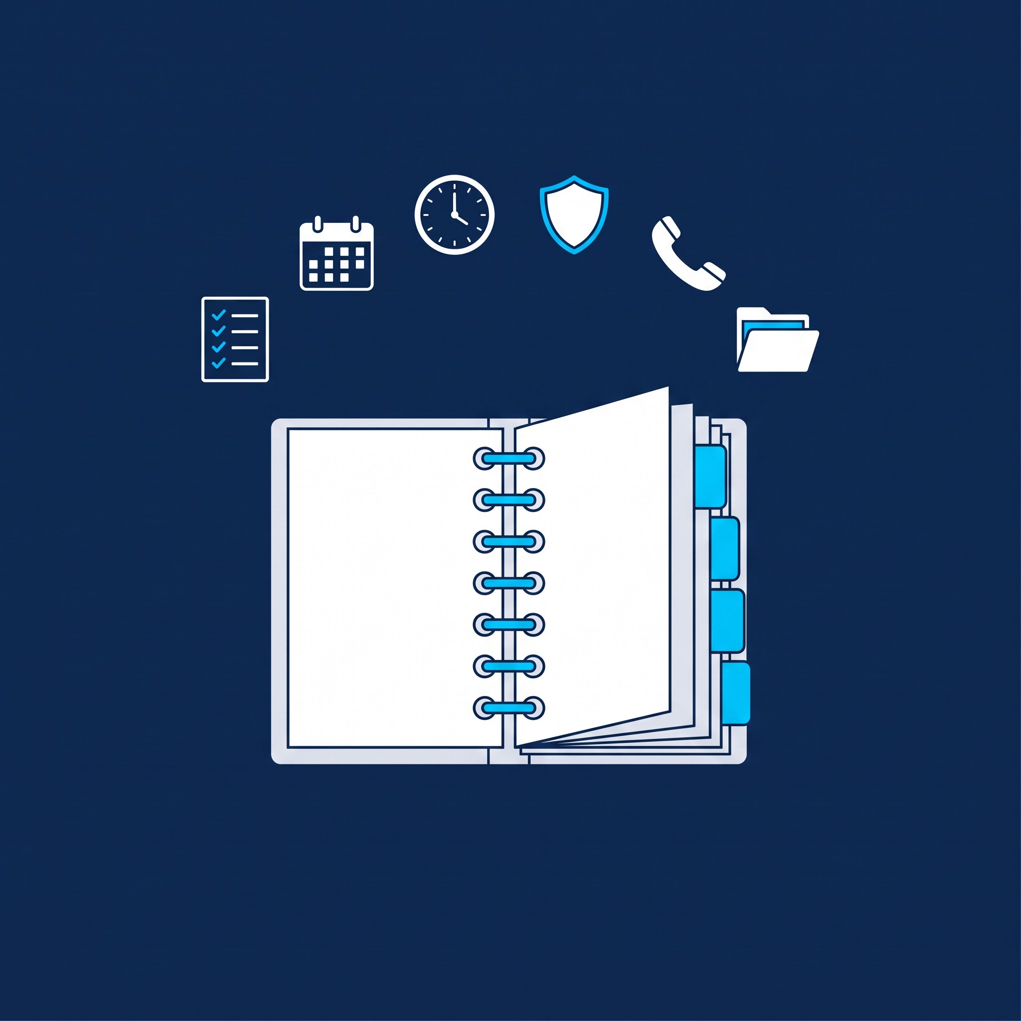 Illustration of an open ring-bound operations manual with tabs, surrounded by icons for a checklist, calendar, clock, shield, phone and folder