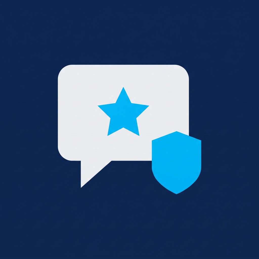 Flat illustration of a review speech bubble with a star and a cyan shield on a navy background