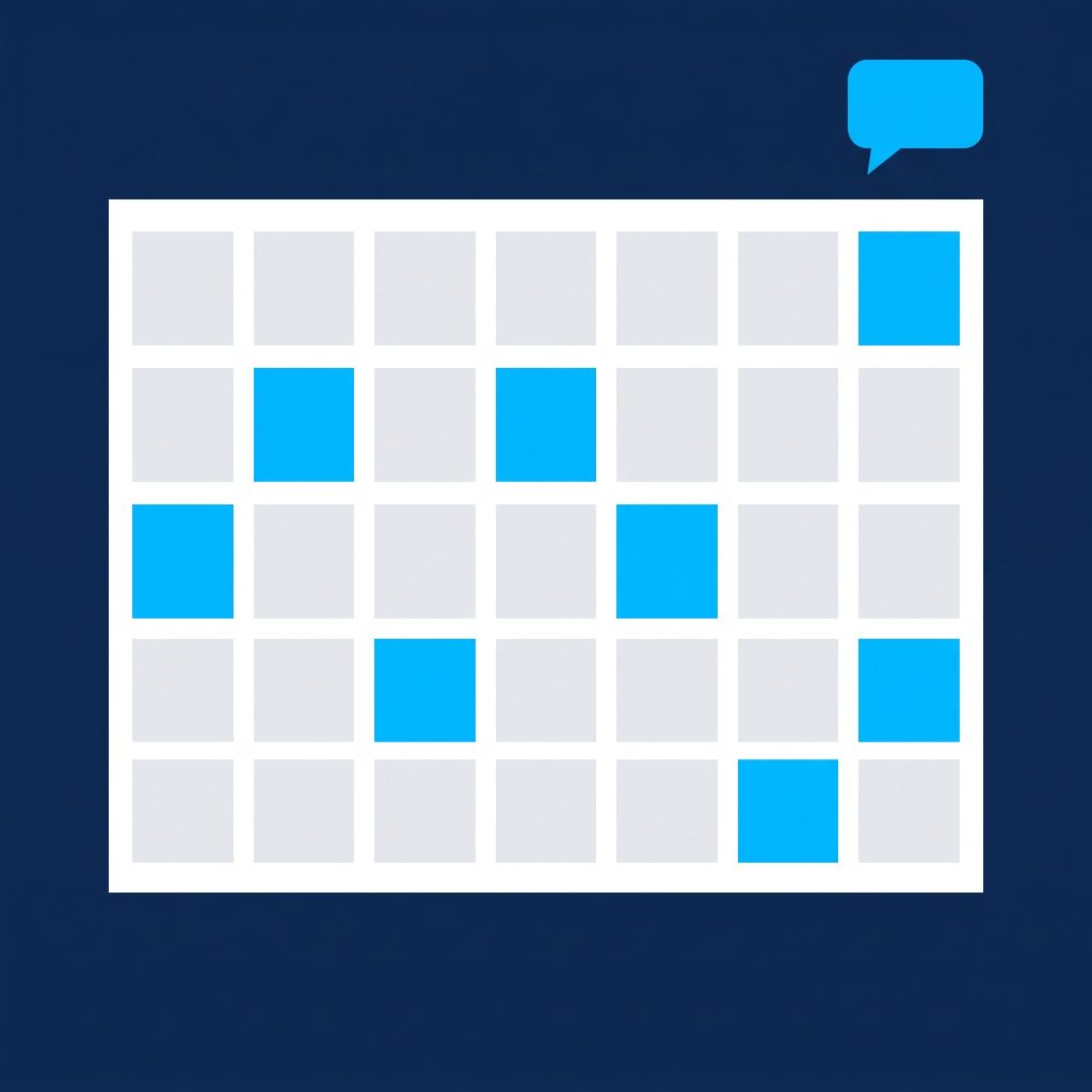 Flat illustration of a calendar grid with cyan squares and a speech bubble on a navy background