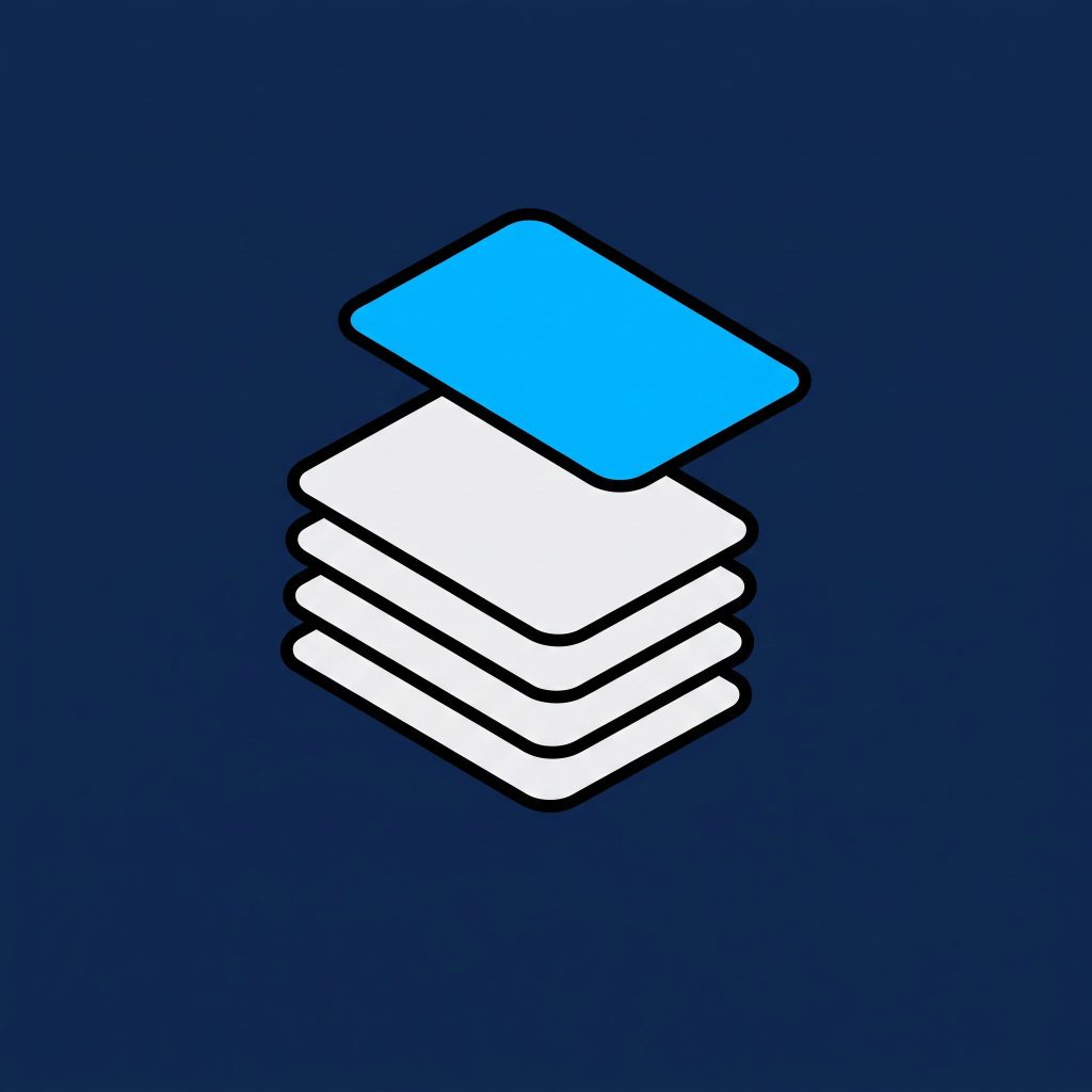 Flat illustration of a stack of task cards with the top card lifted off, in cyan on a navy background