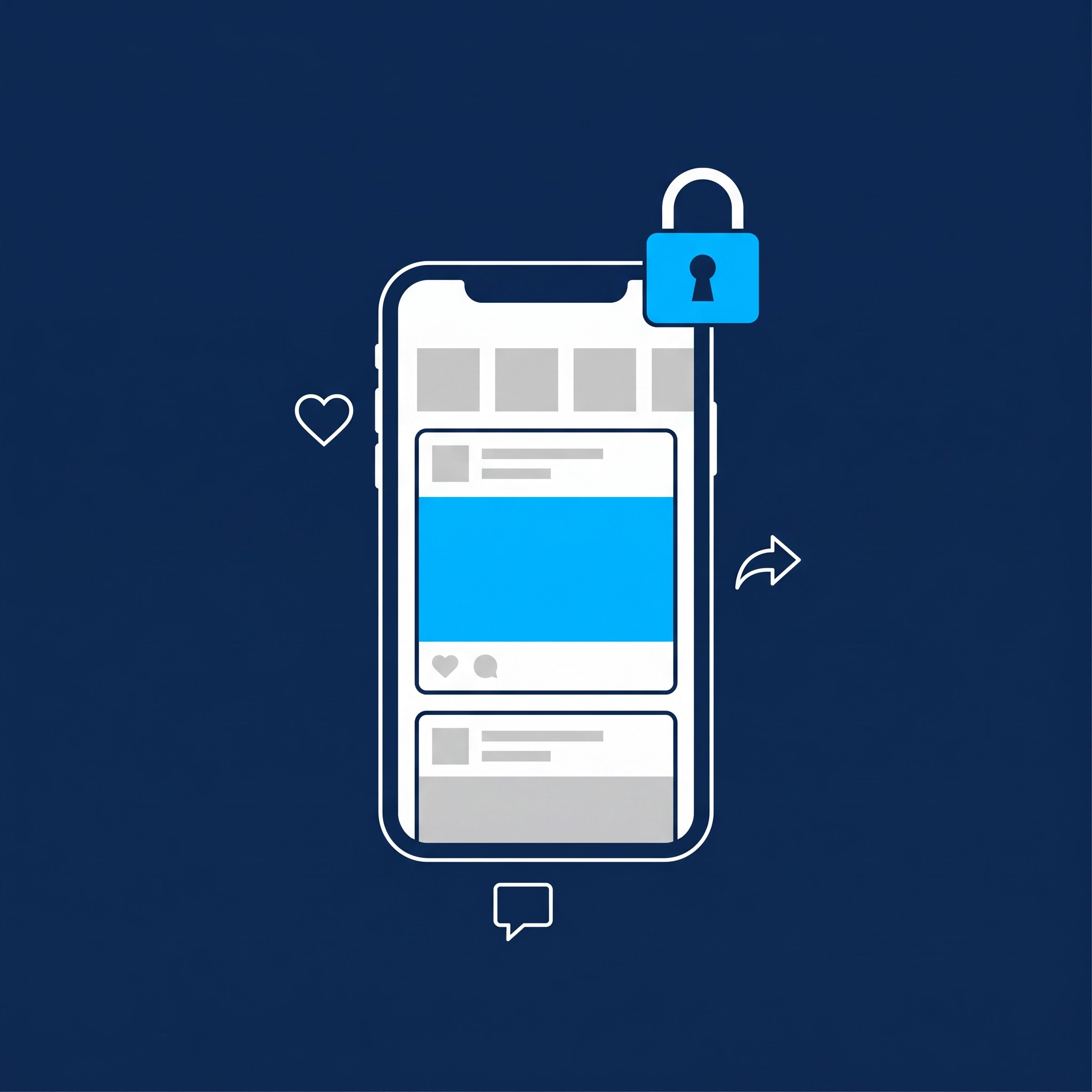Illustration of a smartphone showing a social feed, with like, comment and share icons and a padlock