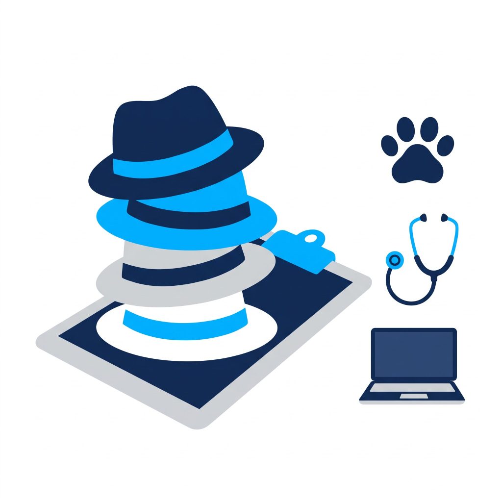 Illustration of a stack of trilby hats on a clipboard beside a paw print, a stethoscope and a laptop, for vet practices that wear too many hats