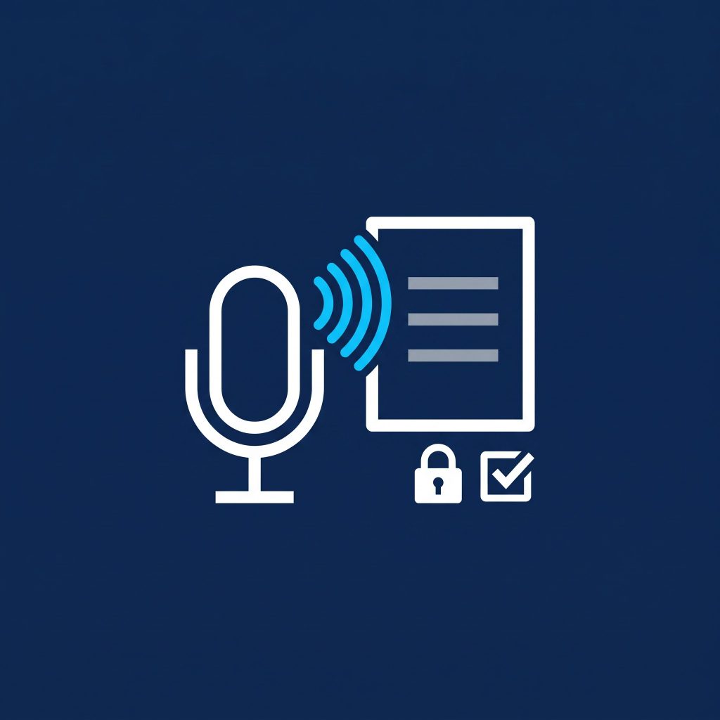 Illustration of a microphone with sound waves flowing into a document, with a padlock and tick box