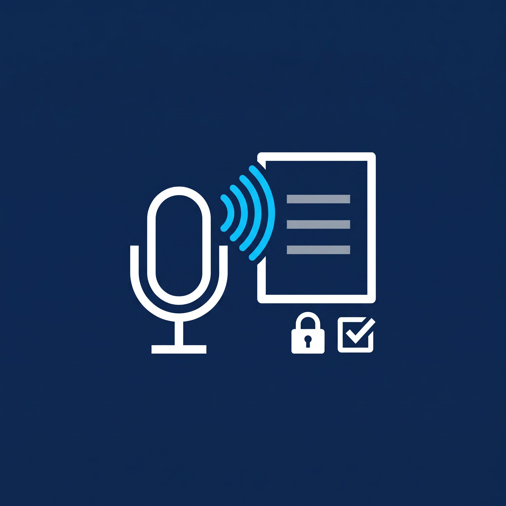 Illustration of a microphone with sound waves flowing into a document, with a padlock and tick box