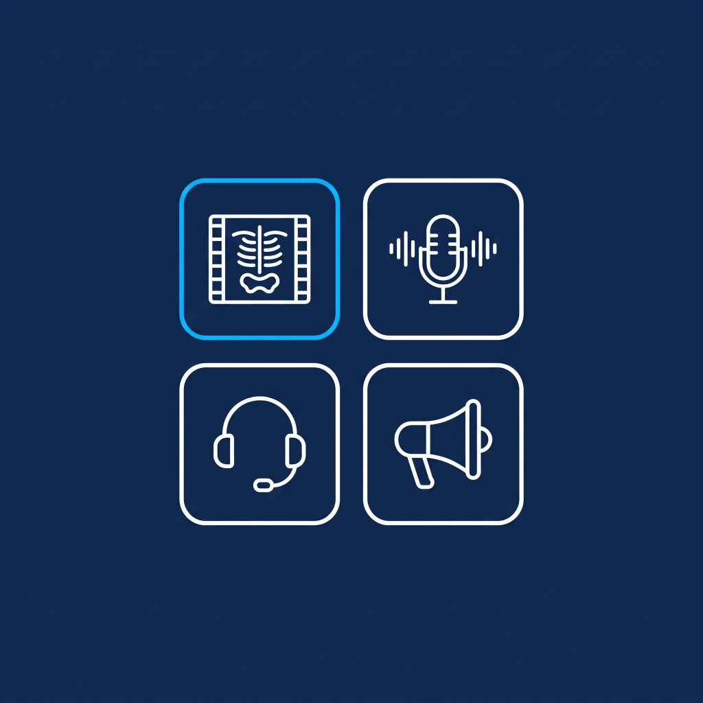 Illustration of four tiles with icons for imaging, a microphone, a headset and a megaphone