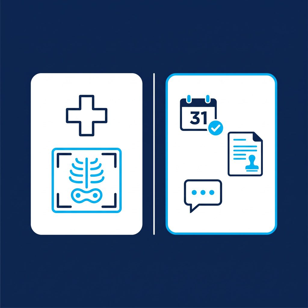 Illustration of two panels, one with clinical icons and one with calendar, document and message icons