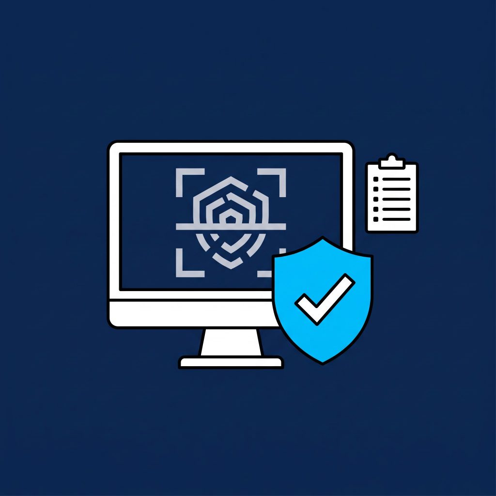 Illustration of a monitor showing a scan with a shield and tick badge and a clipboard