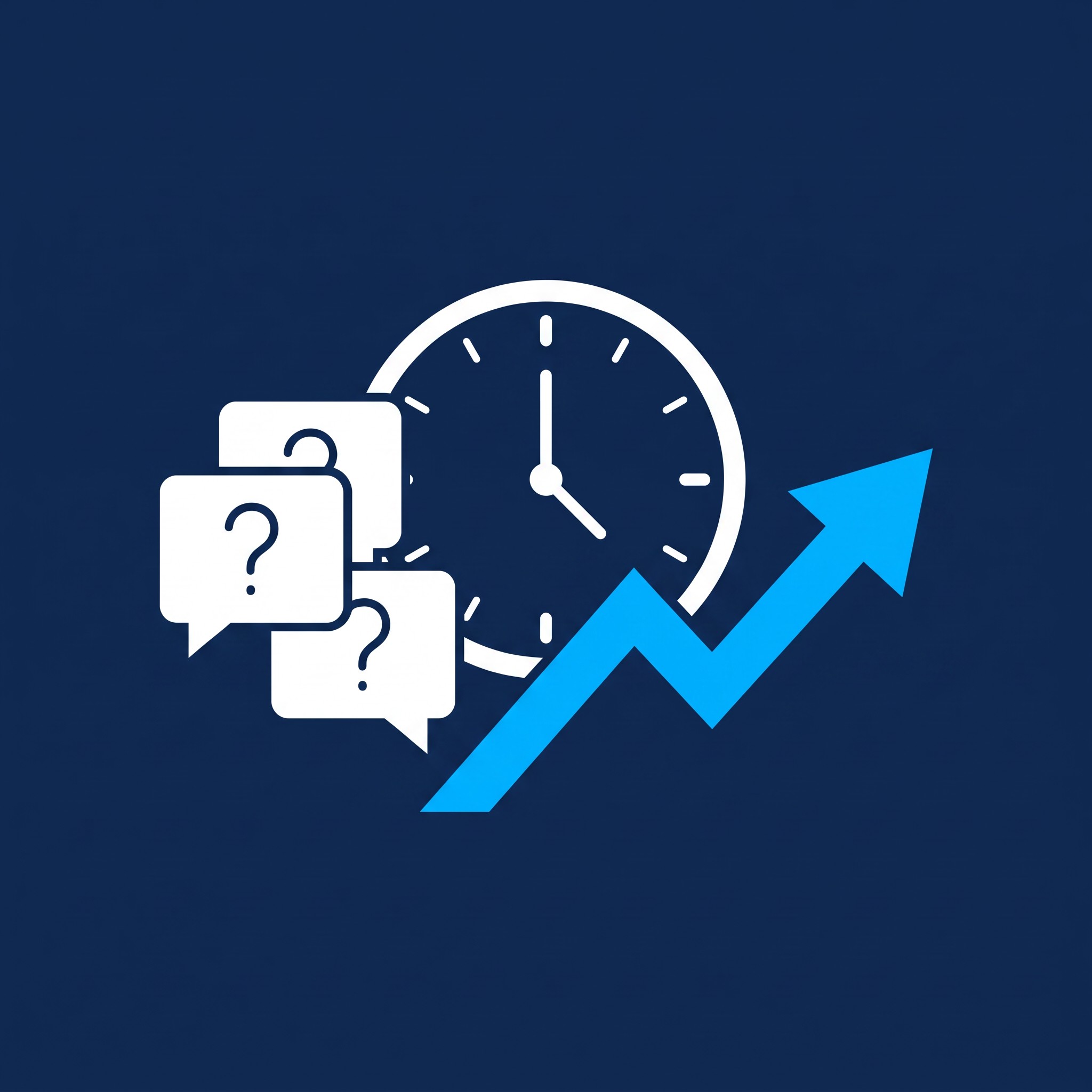 Illustration of question bubbles beside a clock with a rising trend arrow