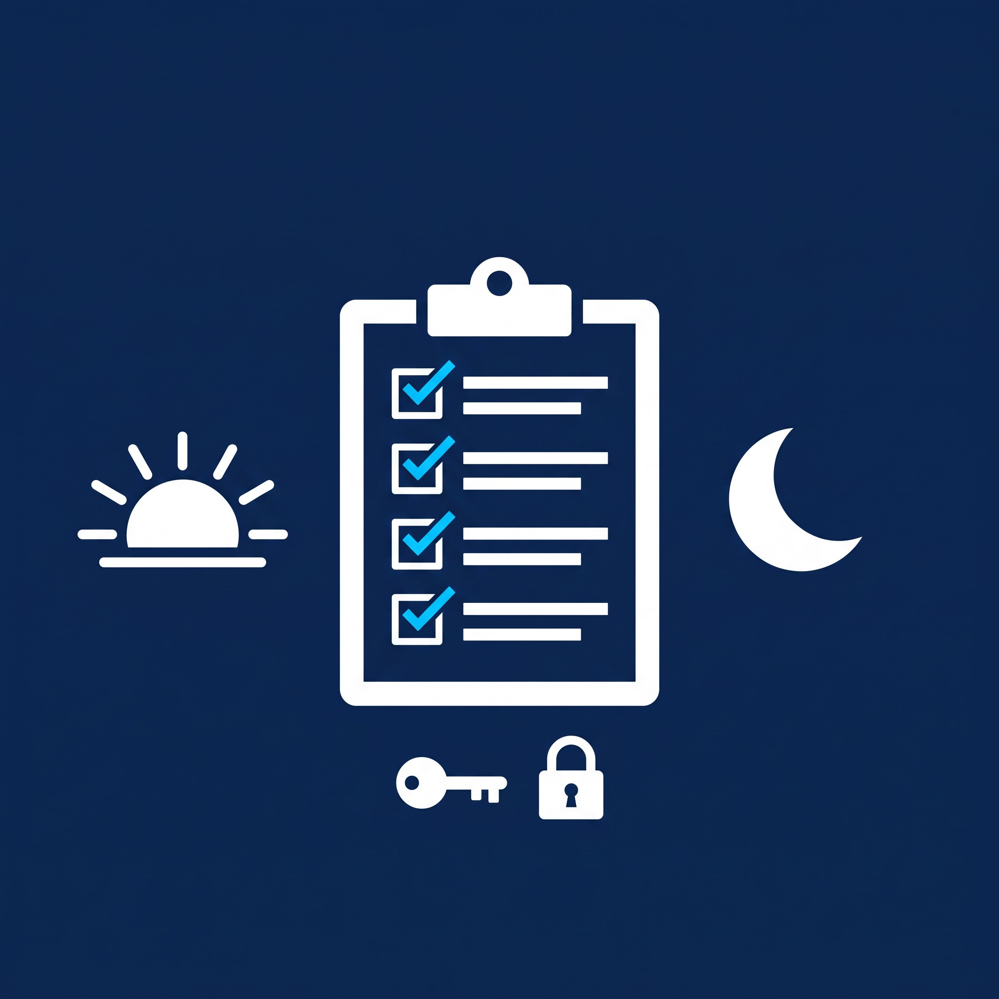 Illustration of a ticked checklist on a clipboard between a sunrise and a moon, with a key and padlock below